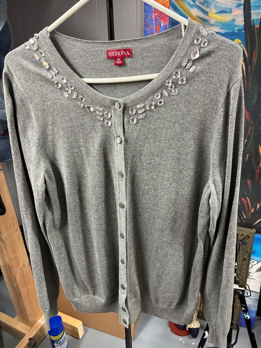 Merona Gray Embellished Cardigan Women’s XL | Rhinestone Neckline Button Front S